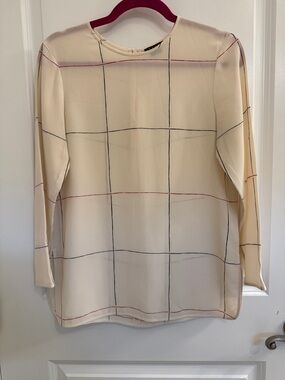 Theory Cream Silk Grid-Check Blouse with Black & Red Lines
